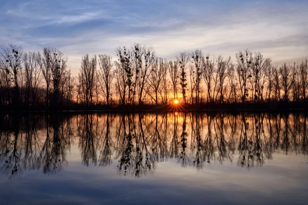 Sabahın erken saatlerinde sakin bir nehir manzarası. Ağaçlarla, yansımalarla ve yansımalarla dolu güzel bir manzara