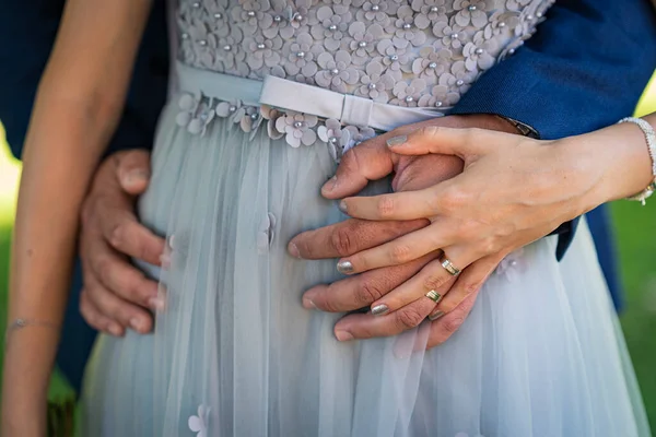 Bride Groom Holding Hands Belly — Photo