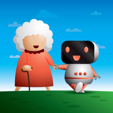 İllüstrasyon Vektör dosyası. Robot mutlu bir ihtiyarın elini tutuyor. Yaşlı bakım robotu.