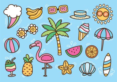 Karalama tarzında ayarlanmış şirin yaz malzemesi vektörü.