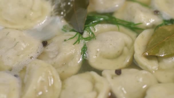 Gnocchi bollenti con carne in acqua bollente. — Video Stock