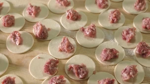Ręce kucharza rozkładają kawałki mielonego mięsa na torcie do robienia pierogów.. — Wideo stockowe