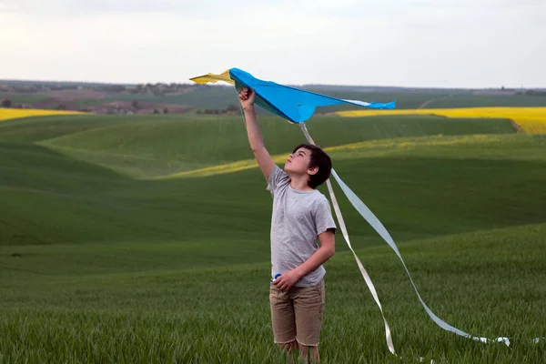 Ουκρανό έφηβο αγόρι κρατώντας ένα κίτρινο-μπλε χαρταετό στα χέρια του Φωτογραφία Αρχείου