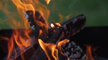 Yakacak odun brazier 'da yanıyor. Yarım çerçeve yeşil çimenlerin bulanık arka planıyla dolu. Diğer yarısı demir bir duvar..