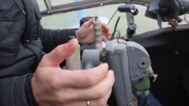 Male Hands Pilot Take Steering Wheel Plane Vintage Style Old — Stock videók