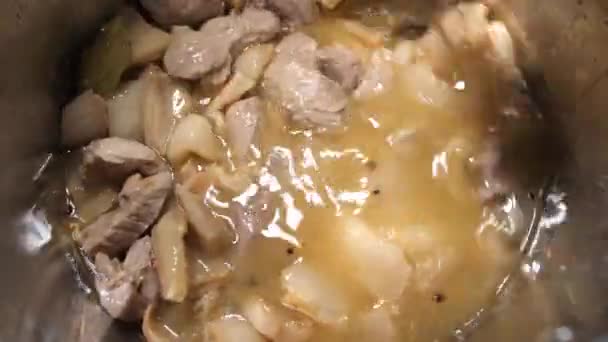 Cooks Hand Stirs Pieces Lard Pork Meat Spoon Iron Pan — 图库视频影像