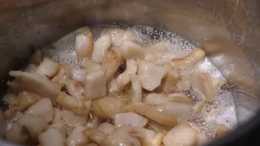 Lard with a golden crust melts in a stainless steel pan with lots of bubbles. static frame from above.