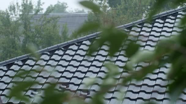 Rainwater Drips Black Tiled Roof Strong Jets Rainwater Flow Roof — Stock video