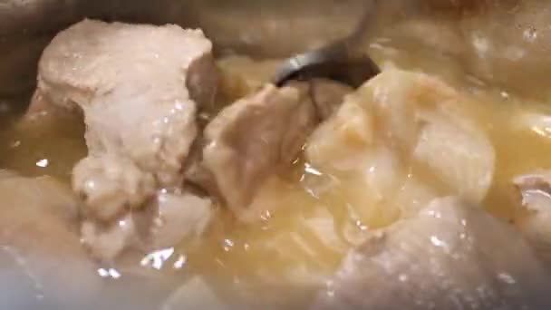 Close Pork Meat Melted Lard Being Cooked Pan Camera Moving — Vídeo de Stock