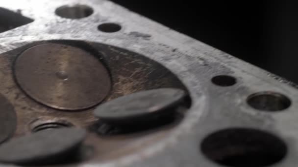 Old Valve Head Contaminated Soot Rust Close Camera Travels Parallel — Vídeo de Stock