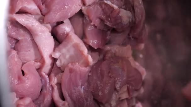 Vídeo Vertical Los Trozos Cerdo Fresco Añaden Manteca Cerdo Derretida — Vídeos de Stock