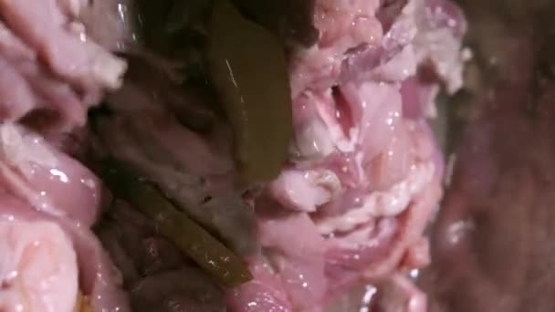 Vidéo Verticale Cuisinier Gants Noirs Brasse Des Morceaux Porc Frais — Video