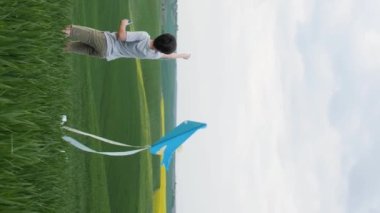 Dikey video. Yeşil bir tarlada çimenli bir çocuk uçurtma fırlatmak için bir hava akıntısı yakalamaya çalışır..