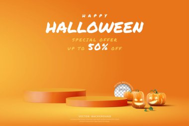 Halloween podium background, podium two step with pumpkin funny face for product display, Vector illustration
