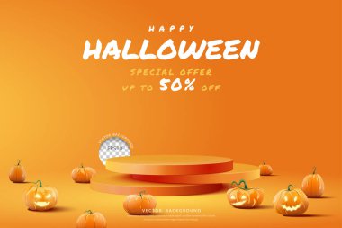 Halloween podium background with pumpkin for product display, Vector illustration