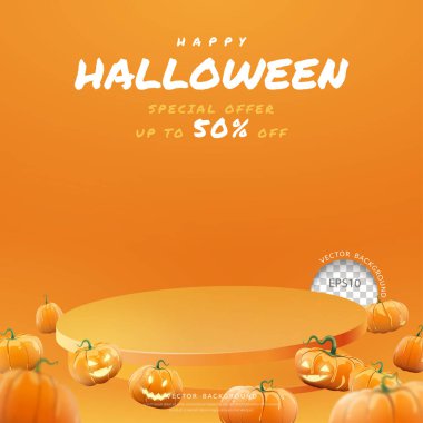 Halloween podium background with pumpkin and podium floating for product display, Vector illustration