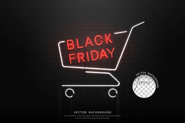 Black Friday Sale Neon Shopping Cart Sign Brickwall Texture Vector — Stockvector