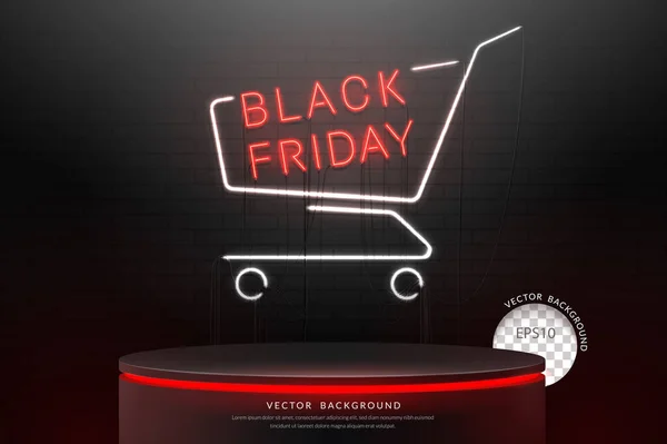 Black Friday Sale Podium Neon Shopping Cart Sign Brickwall Texture — Stockvector