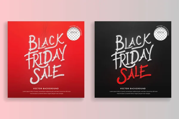 Set Black Friday Sale Neon Lettering Realistic Red Black Background — Stock Vector