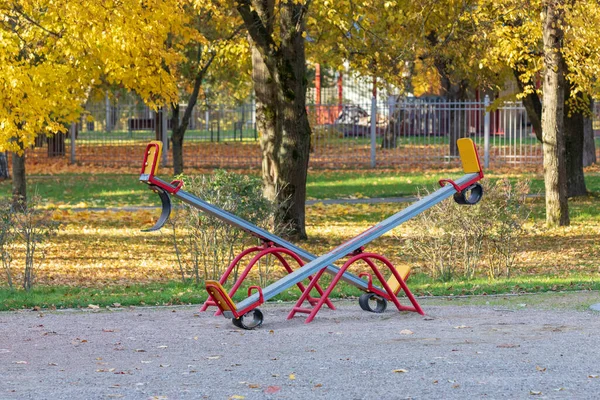 Empty Seesaw Playground Public Park Wooden Seesaw Park Colorful Children — Stock Photo, Image