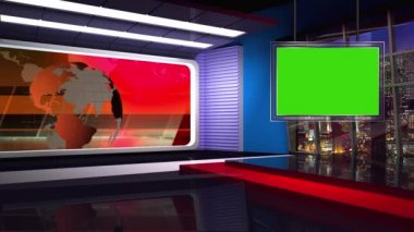 Plazma televizyonlu mavi renkli set için arkaplan penceresinde turuncu renkli küre dönüyor. Haber tabanı TV Programı Kusursuz Döngülenebilir HD Video
