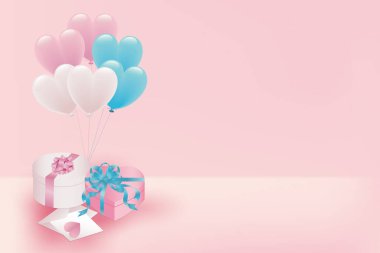 Renkli kalp balonları ve hediye kutuları.