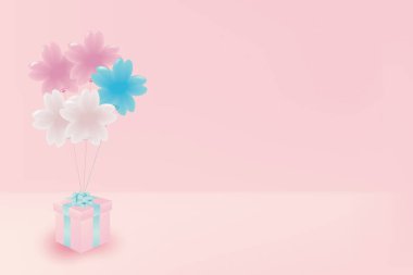 Kiraz çiçeği şekilli balonların ve hediye kutusunun çizim arka planı