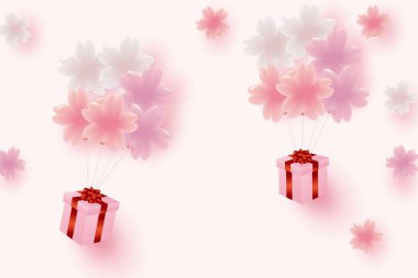 Kiraz çiçeği şekilli balonların ve hediye kutusunun çizim arka planı