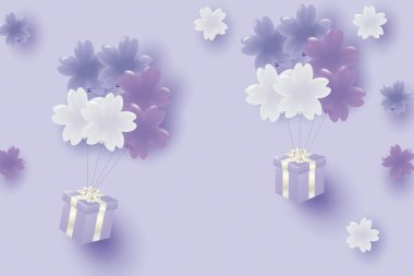 Kiraz çiçeği şekilli balonların ve hediye kutusunun çizim arka planı