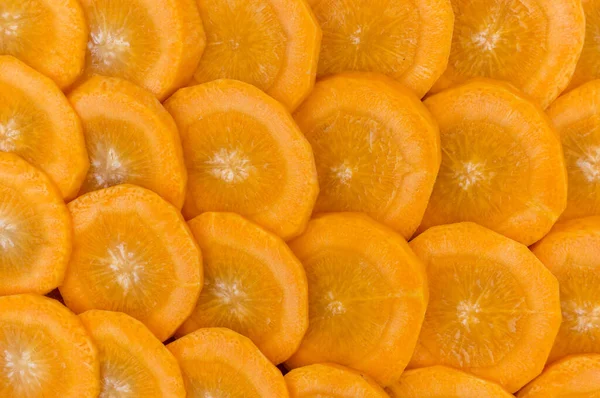 Orangefarbene Möhren Kreise Geschnitten Nahaufnahme Hintergrund Flache Lage — Stockfoto