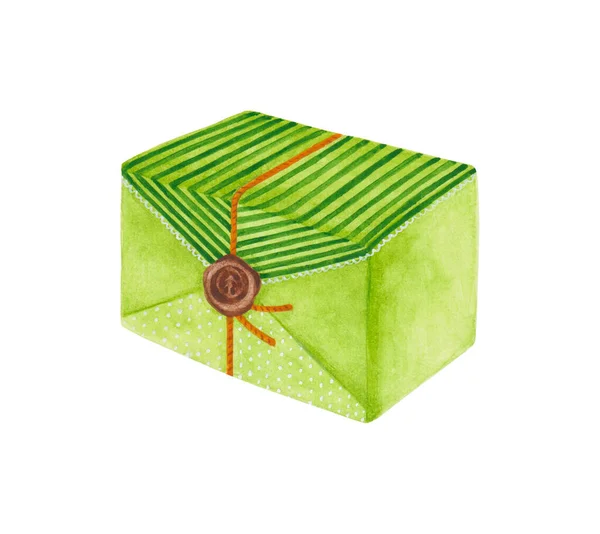 Zielone Pudełko Uszczelką Woskową Wakacje Malowane Akwarelą Prostokątny Pakiet Niespodzianek — Zdjęcie stockowe