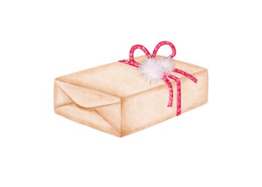 Suluboya ile boyanmış bir bayram için kırmızı kurdeleli bej hediye kutusu. Kutlama için dikdörtgen bir sürpriz paket. Yeni yıl, Noel, doğum günü hediyesi. Sanatsal el izole edilmiş bir parça çizdi
