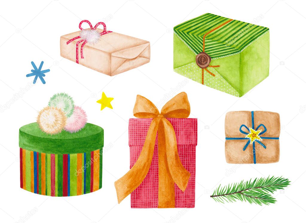 Set of colorful gift boxes for a holiday painted in watercolor. Illustration of surprise packages for the celebration. Presents for new year, christmas, birthday. Artistic hand drawn isolated clipart