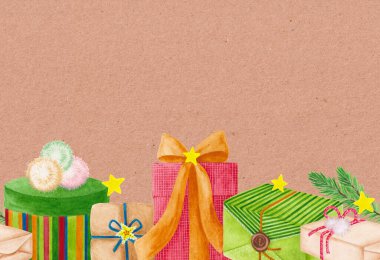 Kahverengi el işi kağıdının arka planında suluboyayla boyanmış hediye kutularıyla kusursuz bir sınır. Kutlama için sürpriz paketler. Yeni yıl hediyeleri, Noel, doğum günü. Sanatsal el çizimi tatil tasarımı