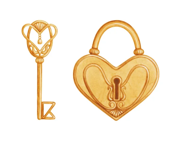 Υδατογραφία Vintage Χρυσό Κλειδί Και Κλειδαριά Σχήμα Καρδιάς Σχέδια Ρετρό — Φωτογραφία Αρχείου