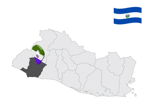 Sonsonate省在萨尔瓦多地图上的位置 3D位置标志类似于Sonsonate的旗帜 为您的设计与萨尔瓦多各省的质量地图 Eps10 — 图库矢量图片