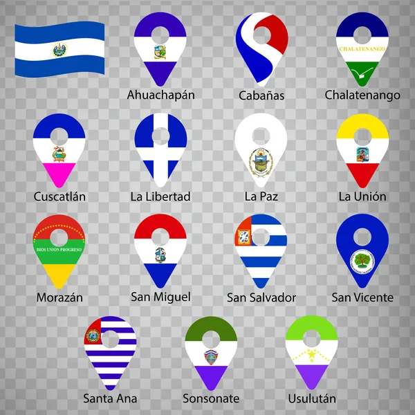 Tizennégy Zászló Salvador Megyéi Ábécé Sorrendben Névvel Két Dimenziós Geolokációs — Stock Vector