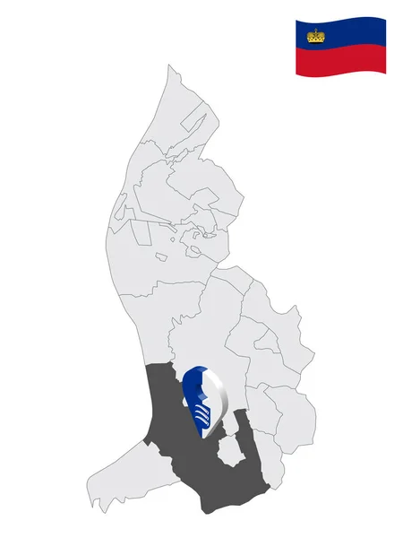 Triesen在列支敦士登地图上的位置 3D位置标志与特里森旗相似 与列支敦士登公国区域的优质地图 供您设计 Eps10 — 图库矢量图片