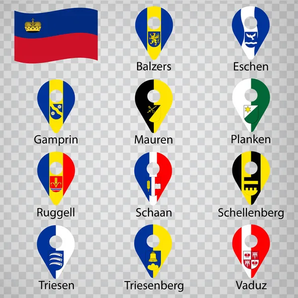 리히텐슈타인 이름이 알파벳 Set Geolocation Signs Flags Municipalities Liechtenstein — 스톡 벡터