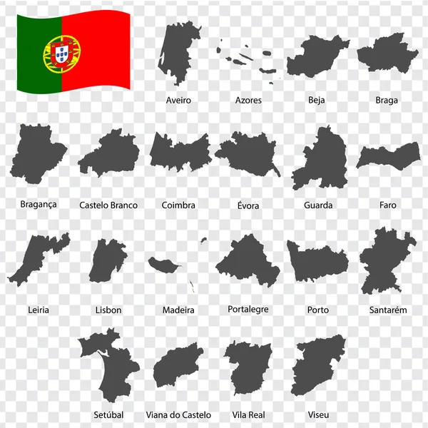 Двадцать Картографических Департаментов Португалии Алфавитный Порядок Названием Каждая Карта Регионов — стоковый вектор