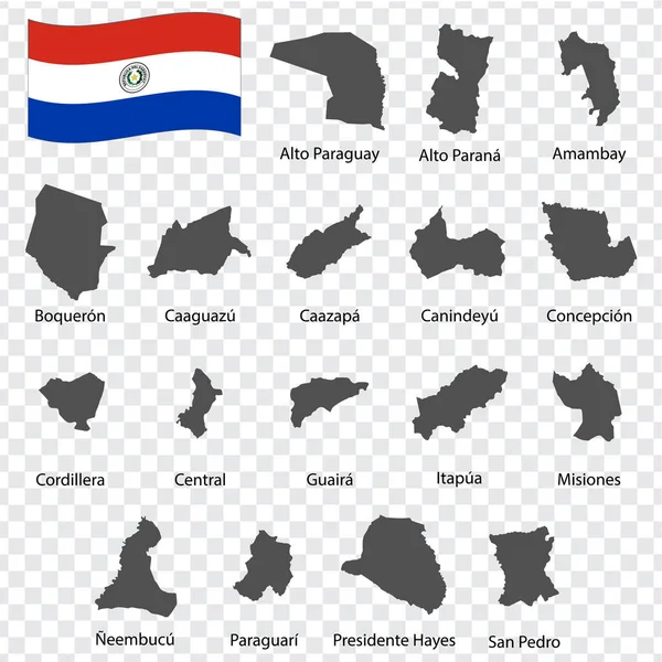 パラグアイの17の地図部門 名前とアルファベット順 地域のすべての地図が記載されており 単語やタイトルで隔離されています パラグアイ共和国 Eps — ストックベクタ