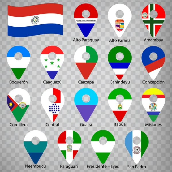 Sjutton Flaggor Departementen Paraguay Alfabetisk Ordning Med Namn Uppsättning Geolocation — Stock vektor