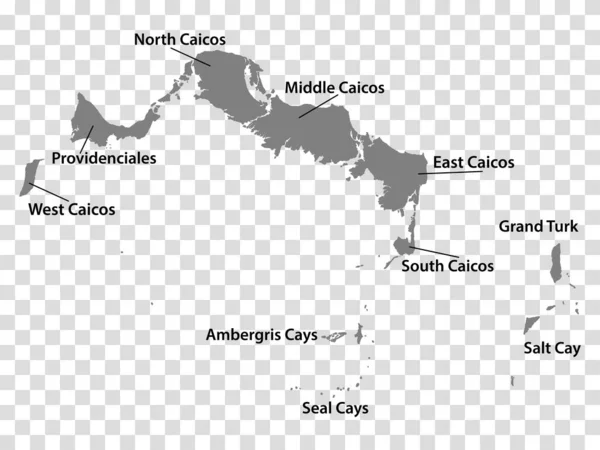 空の地図トルコとカイコス諸島を灰色でマッピングします すべての島の地図はタイトルが付いています あなたのデザインのための透明な背景に地区を持つトルコとカイコス諸島の高品質の地図 Eps10 — ストックベクタ