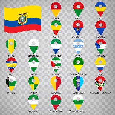 Ekvador Eyaleti 'nde 24 bayrak. İsimli alfabetik sıra. Ekvador 'un Bayrakları gibi 2d konum belirleme işaretleri. Tasarımınız için 24-1-2-D konum işaretleri. EPS10