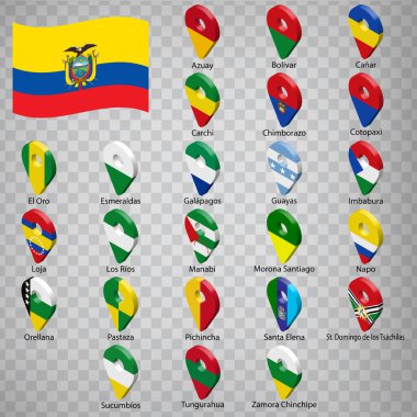 Ekvador Eyaleti 'nde 24 bayrak. İsimli alfabetik sıra. Ekvador 'un Bayrakları gibi 3 boyutlu konum belirleme işaretleri. Tasarımınız için yirmi dört bir üç boyutlu konum belirleme işareti. EPS10