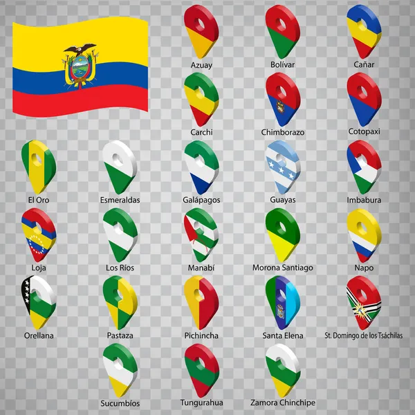 厄瓜多尔各省的二十四面旗帜 国名字母顺序 一组3D地理定位标志 如厄瓜多尔的国旗省 为您的设计提供二十四 三的地理定位标志 Eps10 — 图库矢量图片