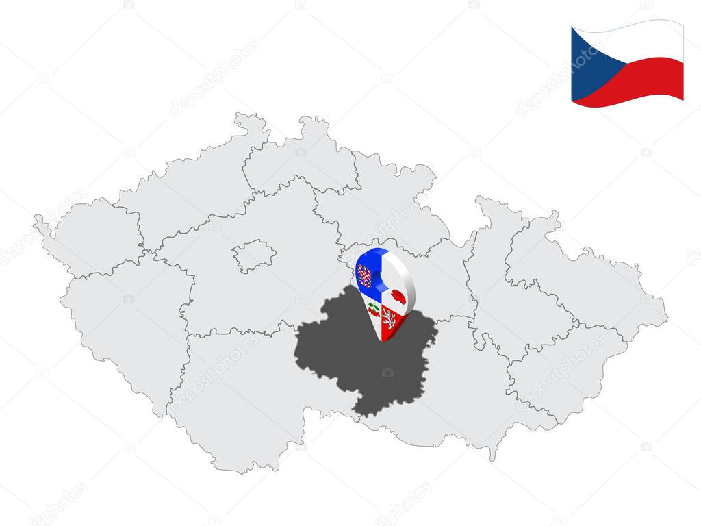 Location Vysocina Region on map Czech Republic. 3d location sign similar to the flag of Vysocina. Quality map  with  Regions of the Czech Republic for your design. EPS10