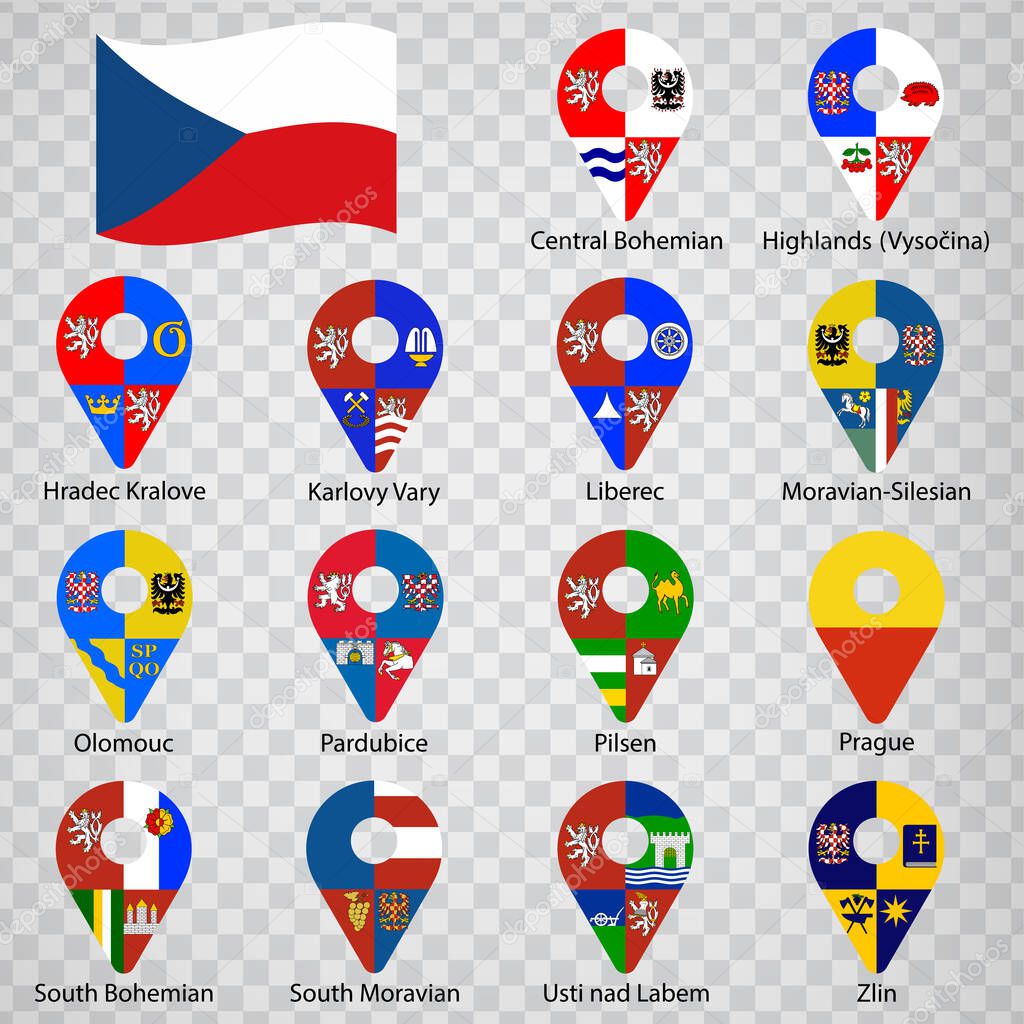 Fourteen flags the  Regions of Czech Republic -  alphabetical order with name.  Set of 2d geolocation signs like flags Regions of Czech Republic. Fourteen 2d geolocation signs for your design. EPS10