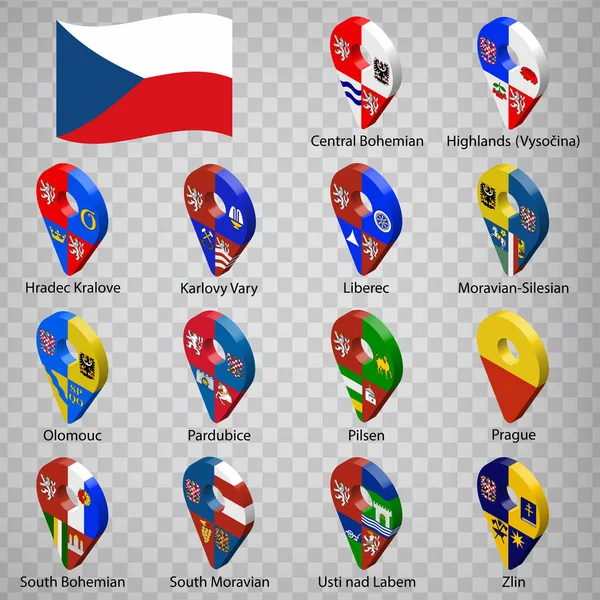 有14个地区标有捷克共和国各地区的国名的字母顺序 一组3D地理定位标志 如捷克共和国的国旗区域 14个3D地理定位标志为您的设计 Eps10 — 图库矢量图片