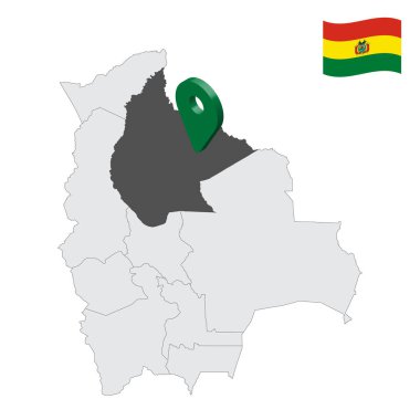 Bolivya haritasındaki Beni Bölümü. Beni 'nin bayrağına benzeyen 3D işaret. Tasarımınız için Bolivya departmanlarının kalite haritası. EPS10